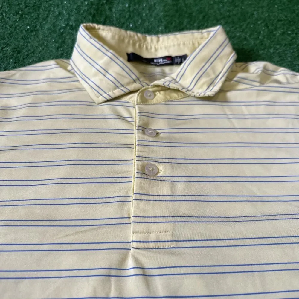 RLX Ralph Lauren Athletic Polo Shirt Men’s Large Yellow Blue Striped Stretch Fit